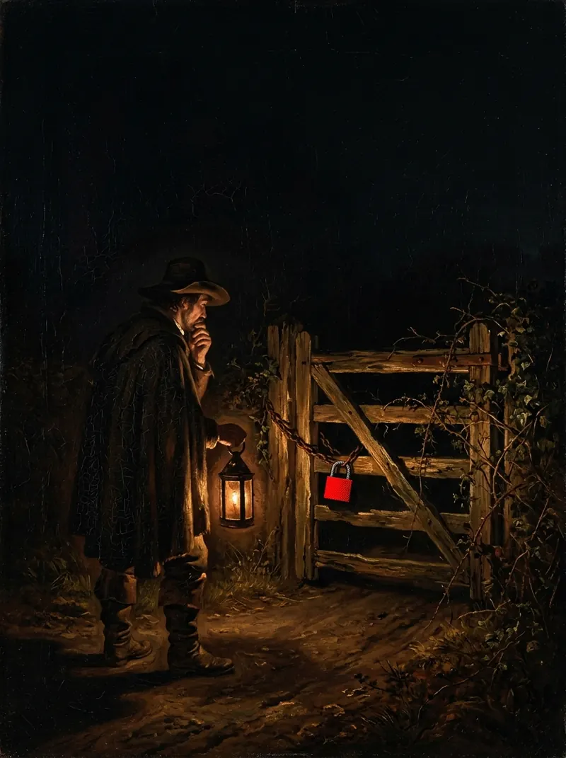 A traveller with a lantern studying a wooden gate with a red padlock