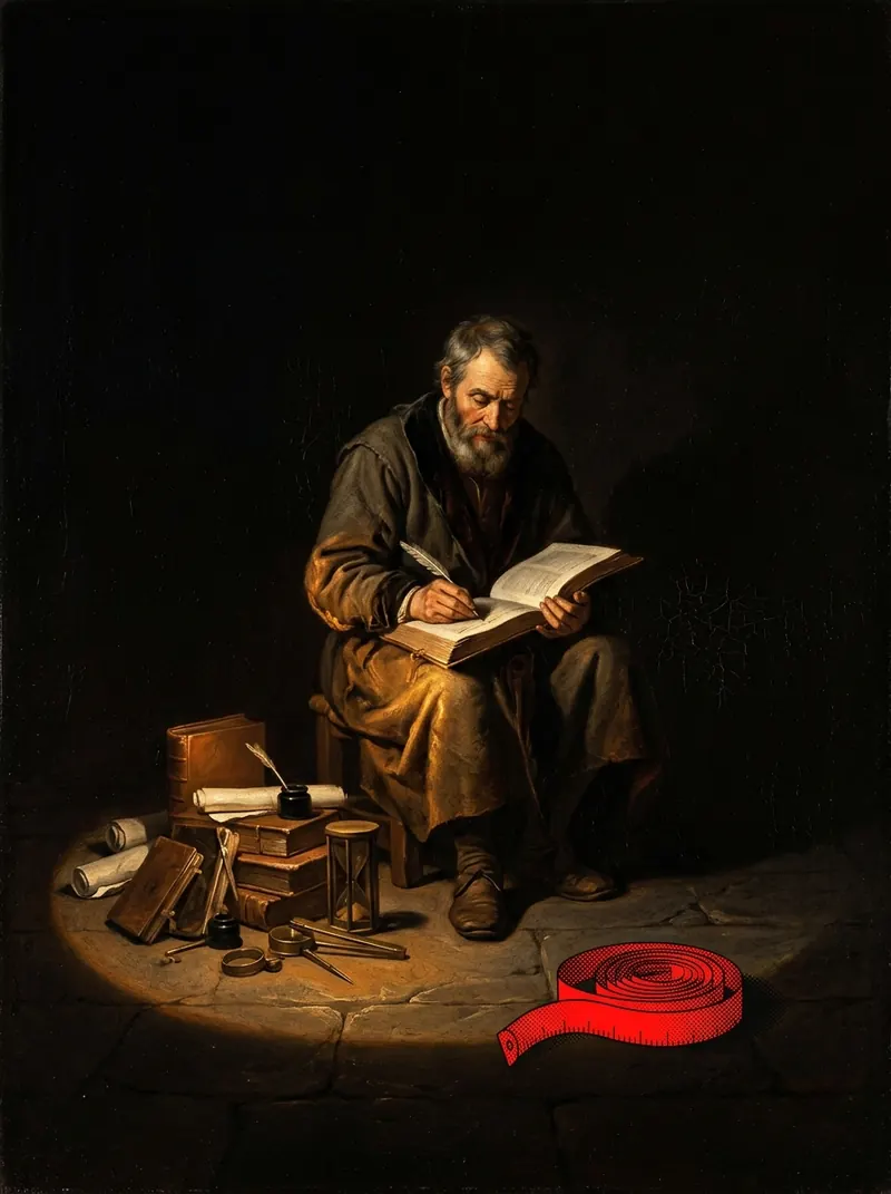 A scholar reading inside a pool of lamplight, a red tape measure on the floor
