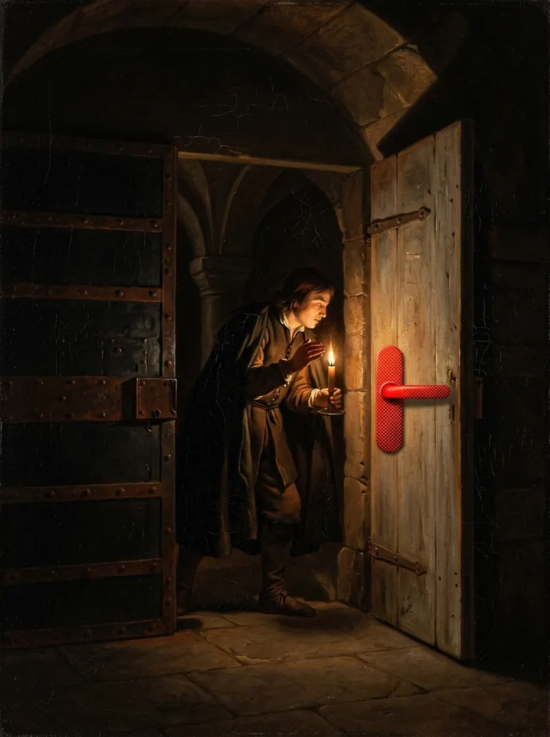 A man with a candle in a stone doorway between a heavy iron door and a wooden door with a red handle