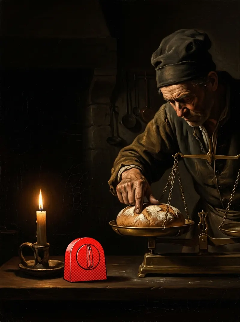 A cook pressing a thumb on a scale while weighing bread, a red kitchen timer beside it