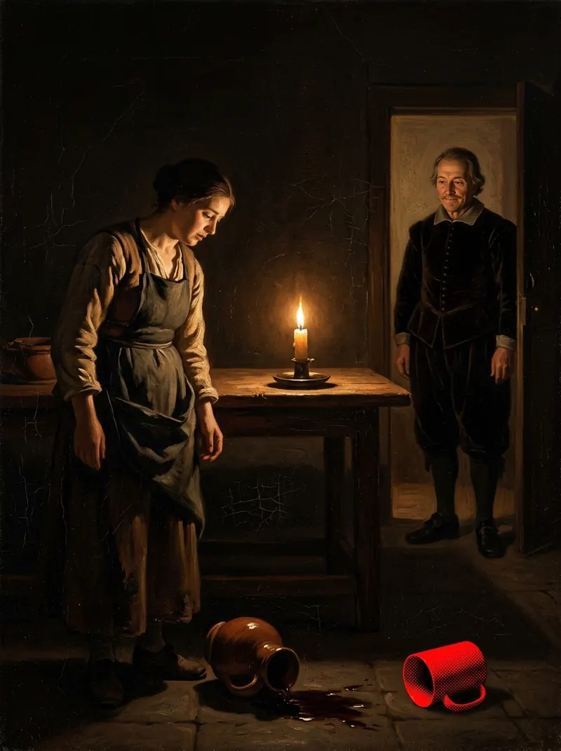 A servant looking down at a spilled jug while a man watches calmly from a doorway, a red mug on the floor
