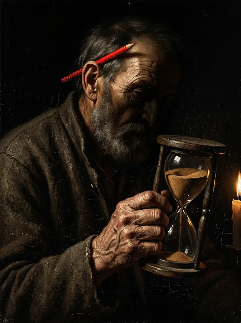An old craftsman holding an hourglass upside down, a red pencil behind his ear