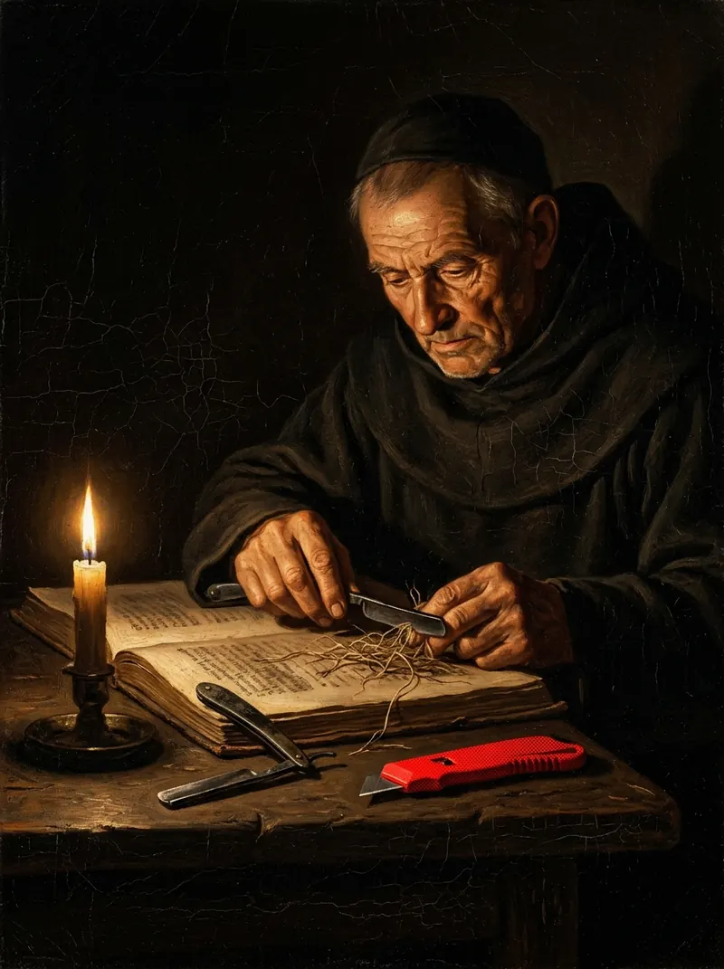 A monk at a candlelit desk trimming threads, a red blade beside him