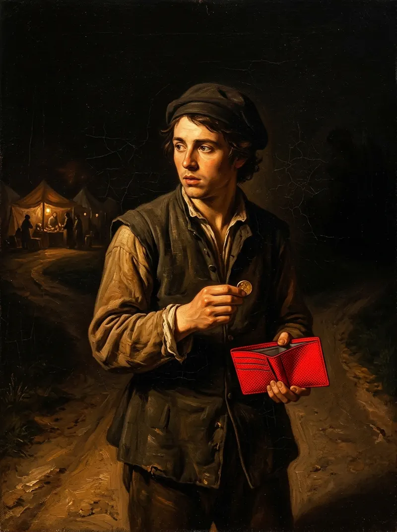 A young man at a night crossroads holding a coin and an open red wallet