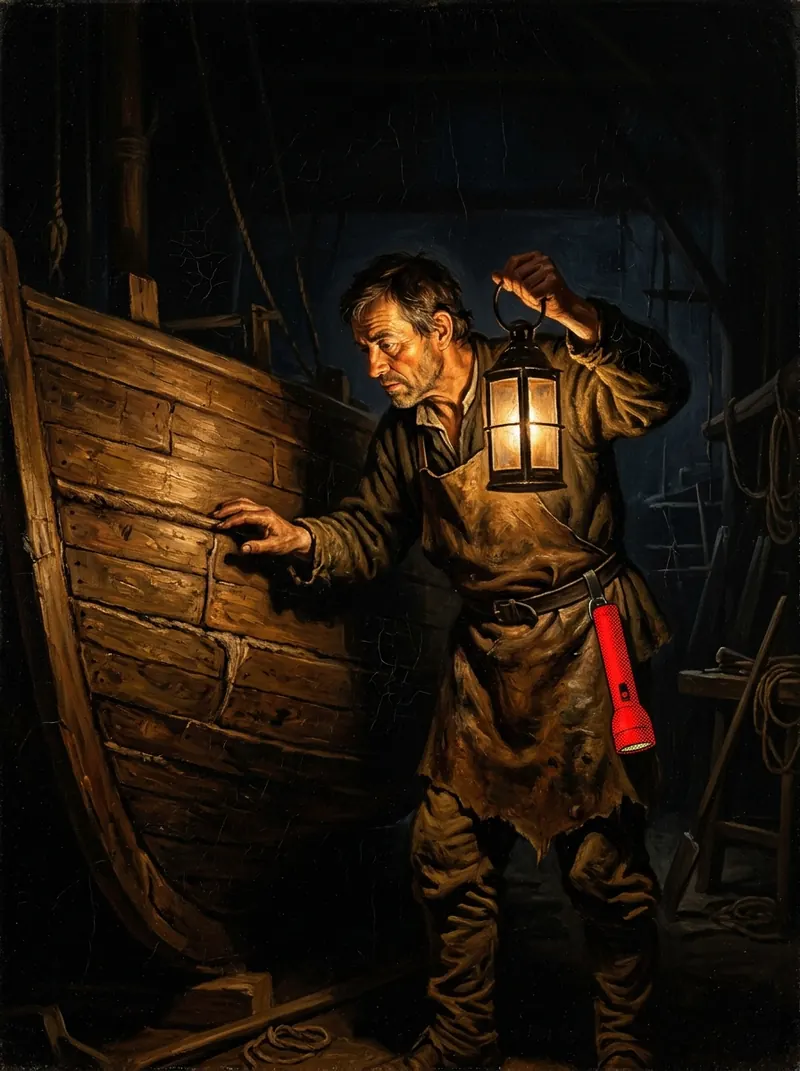 A shipbuilder holding a lantern up to an unfinished hull, a red torch on his belt