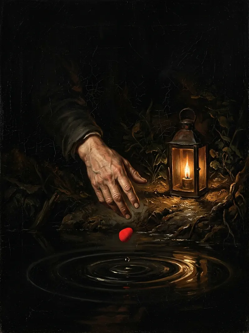 A hand dropping a red pebble into a dark pond, ripples spreading, a lantern on the bank