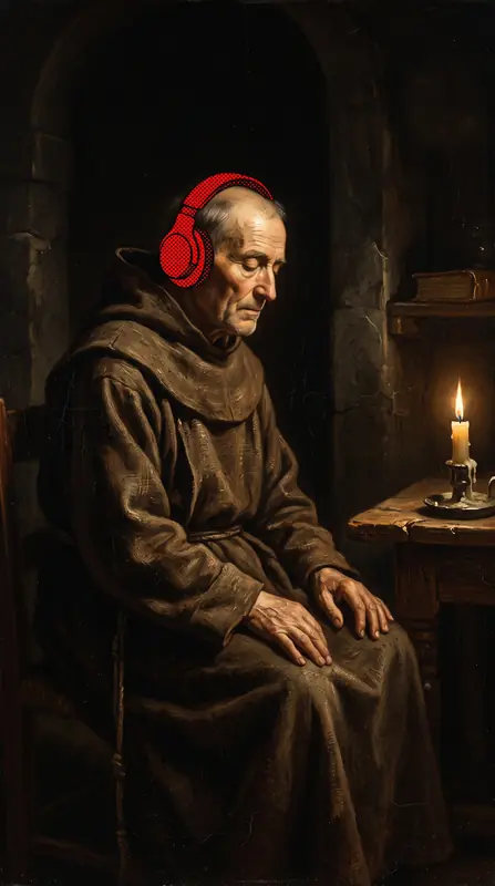A monk sitting by candlelight wearing red headphones