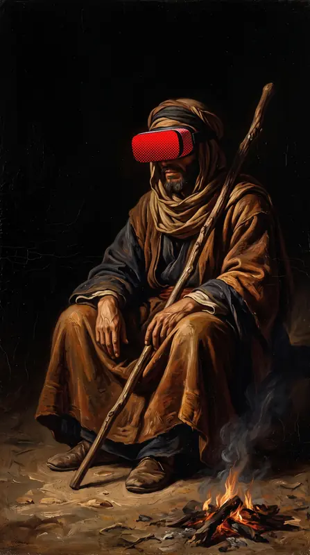 A robed traveller by a small fire wearing a red VR headset