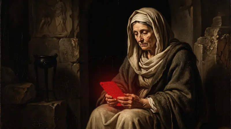 An old woman in a shawl looking down at a red phone in a stone room
