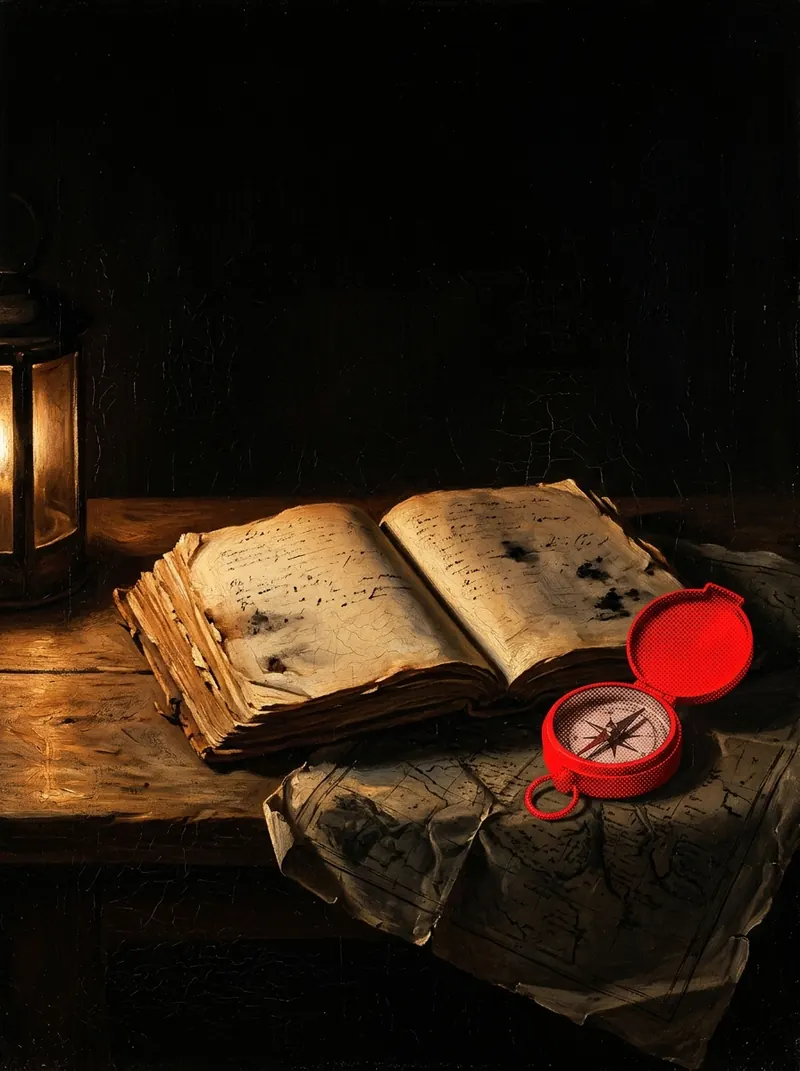 An open logbook and a red compass on a chart table by lantern light