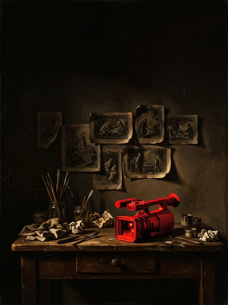 A small desk with a red video camera under sketches pinned to the wall