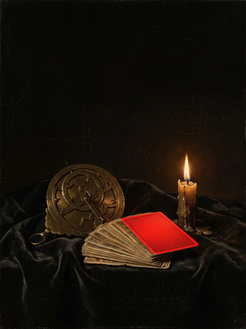A deck of cards with a red card on top beside an astrolabe and a candle on dark velvet