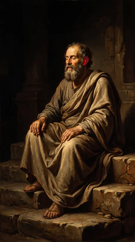 A philosopher seated on stone steps, eyes closed, wearing red earbuds