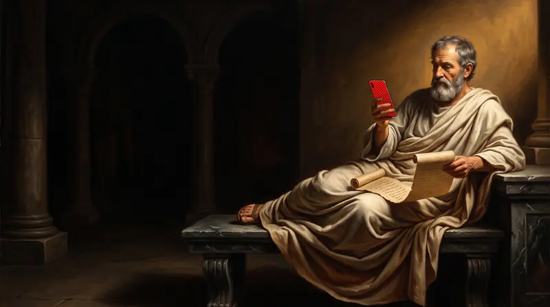 A philosopher in a white toga on a bench, a scroll on his lap and a red phone in his hand