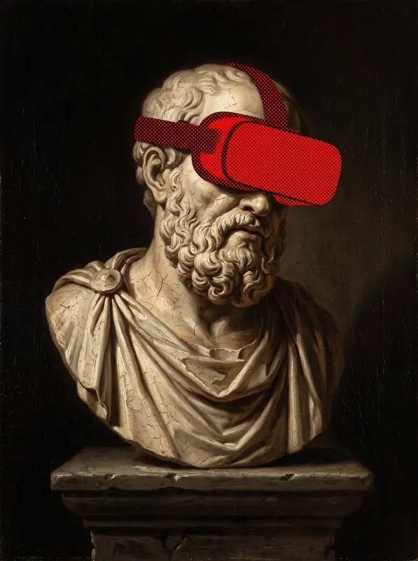 A marble bust of a philosopher wearing a red VR headset