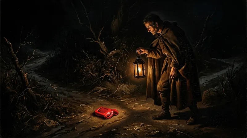 A figure with a lantern at a crossroads at night, a red object on the path
