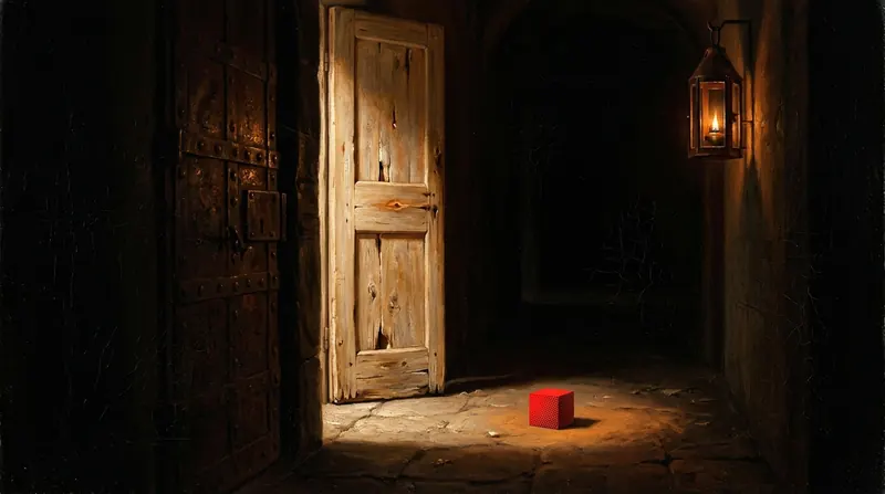 A dark corridor with an open wooden door and a small red object on the floor
