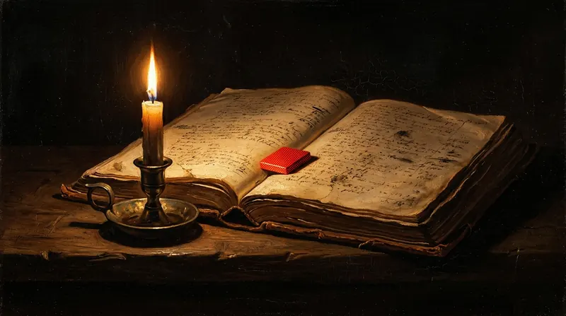 An open ledger on a table beside a candle, a red bookmark on the page