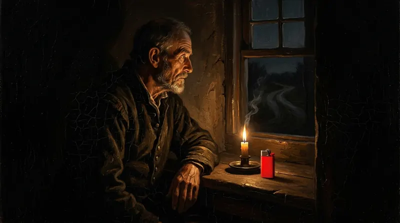 An old man sitting by a window at dusk beside a candle and a small red object