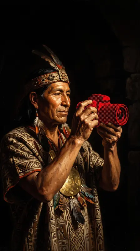 A man in a feathered headdress holding a red camera to his eye