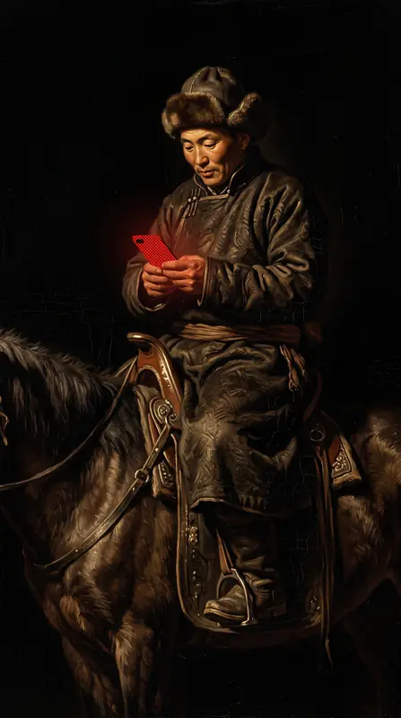 A rider on horseback in the dark looking at a glowing red phone