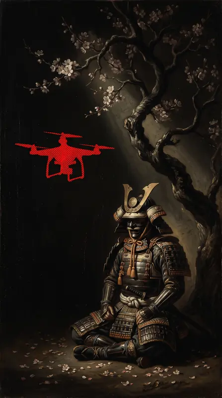 A samurai seated under a blossoming tree as a red drone hovers