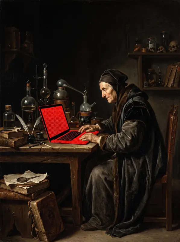 A hooded scholar among flasks and books working at a red laptop