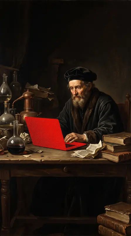 A scholar in a cluttered workshop typing on a red laptop