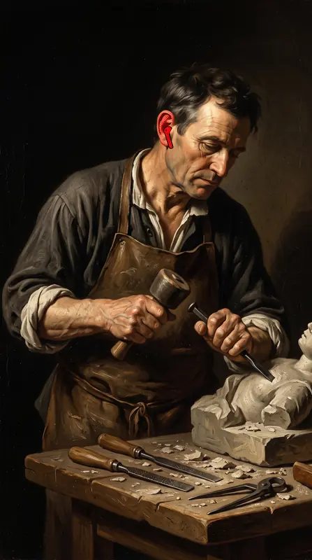 A sculptor carving stone, a red earbud in his ear