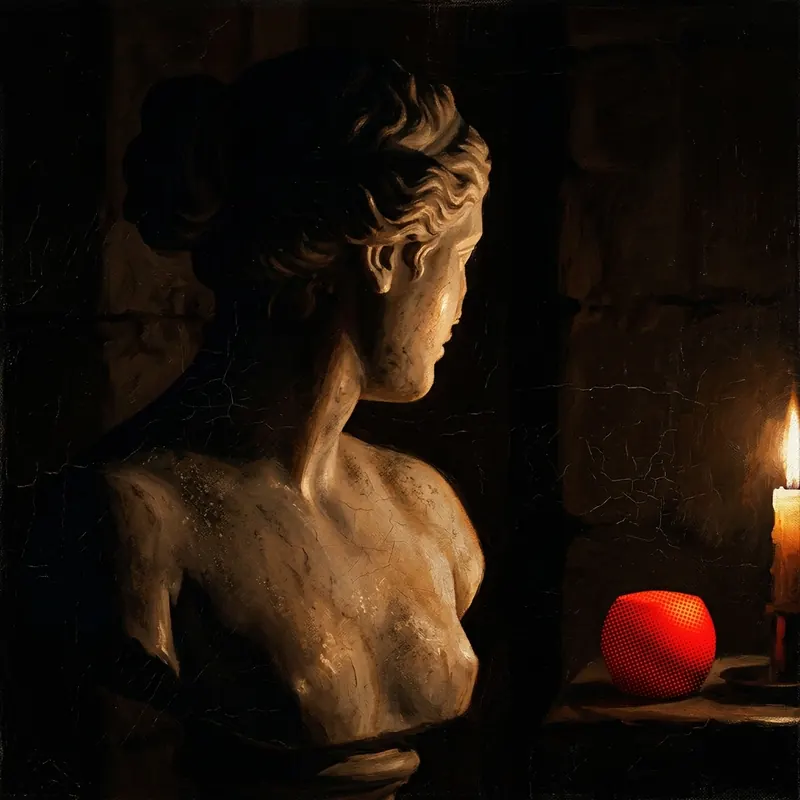 A marble bust of a woman turned away into shadow, a candle and a red sphere beside it