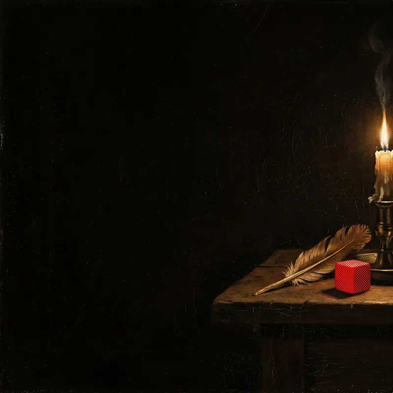 A candle, a quill and a small red box on the edge of a dark table