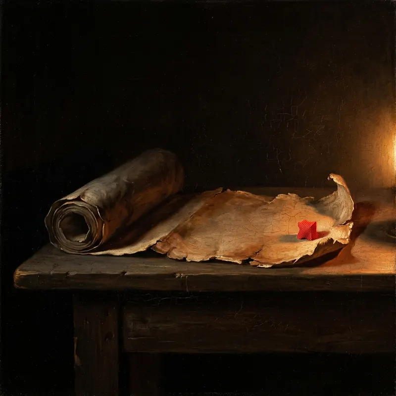 An old scroll unrolled on a dark desk, a small red object on it