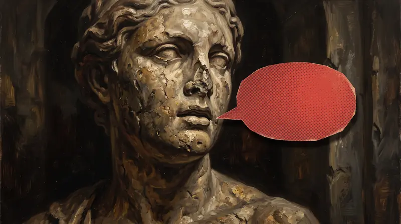 A weathered marble head beside a red speech bubble