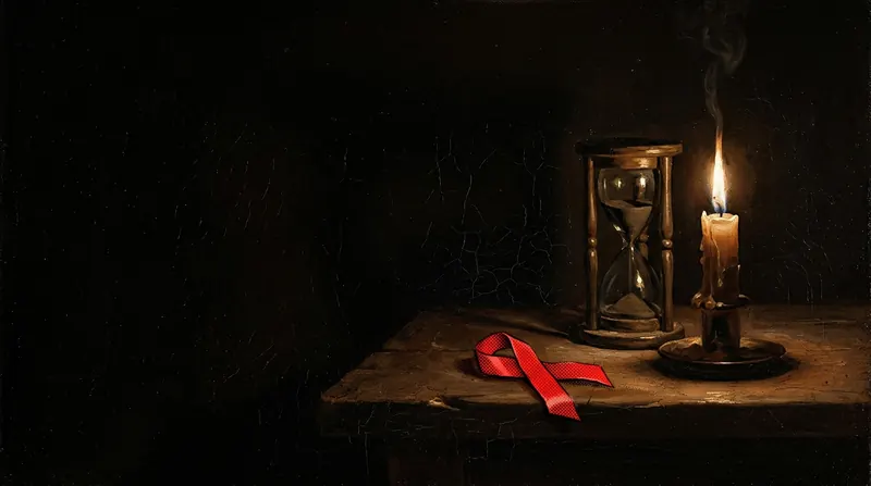 An hourglass and a candle on a dark table, a red ribbon in front of them