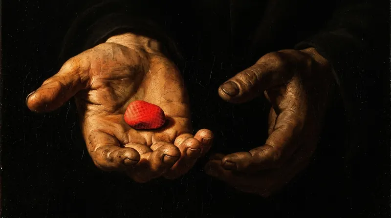 Two cupped hands holding a red pebble