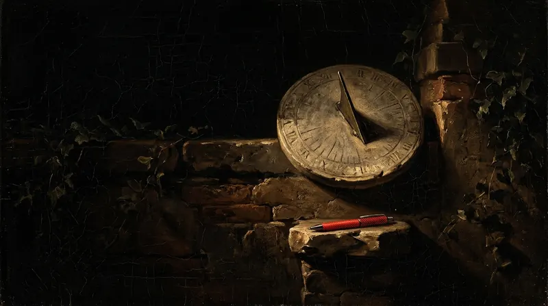 A sundial on a dark garden wall, a red pen on the ledge below