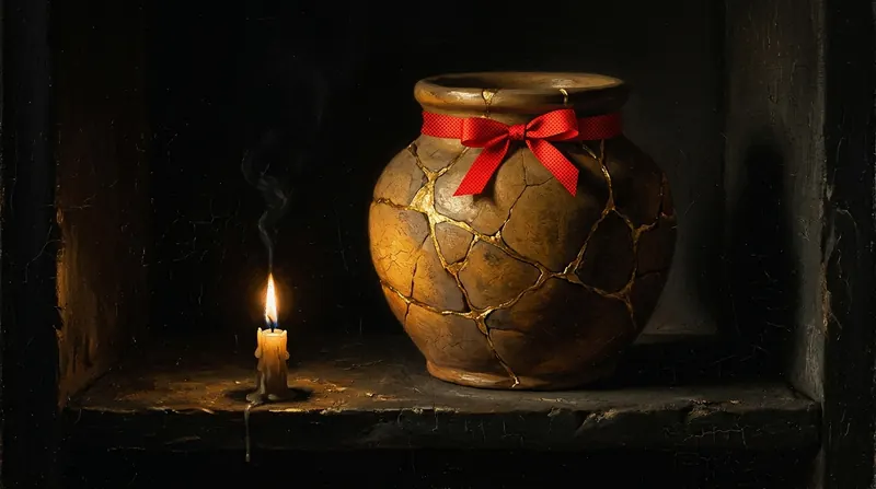 A cracked jar mended with gold and tied with a red ribbon, beside a candle