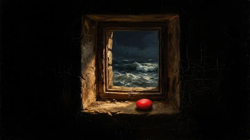 A small window showing a stormy sea at night, a red pebble on the sill