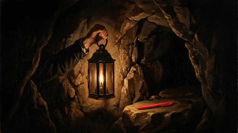 A hand holding up a lantern at the mouth of a dark cave, a red object on a rock