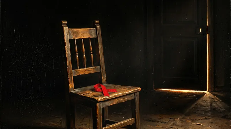 A wooden chair with a red ribbon on its seat and a door with light underneath