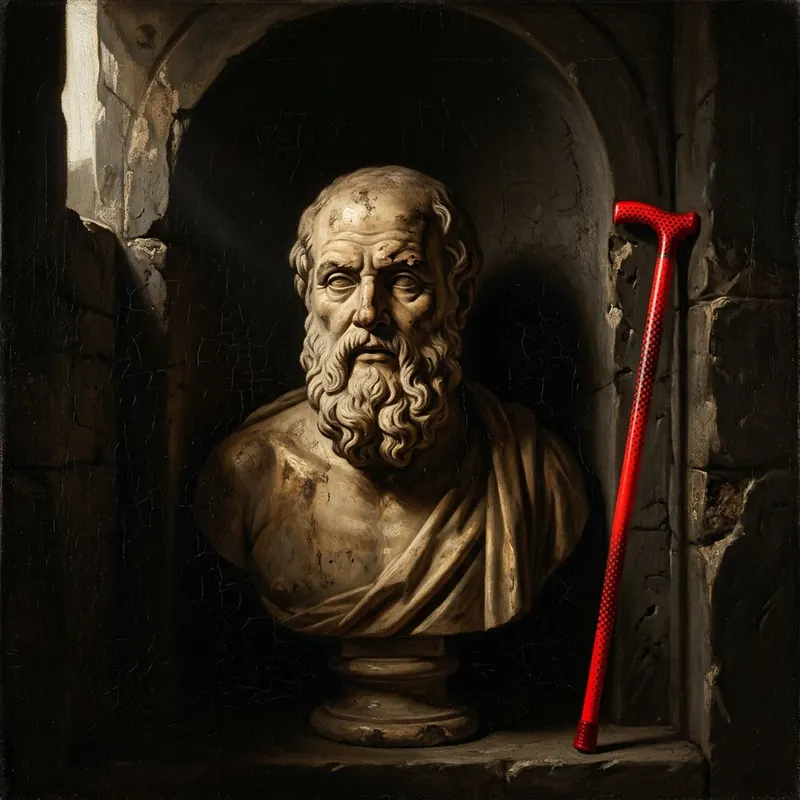 A marble bust of a bearded man in a niche, a red walking staff leaning beside it
