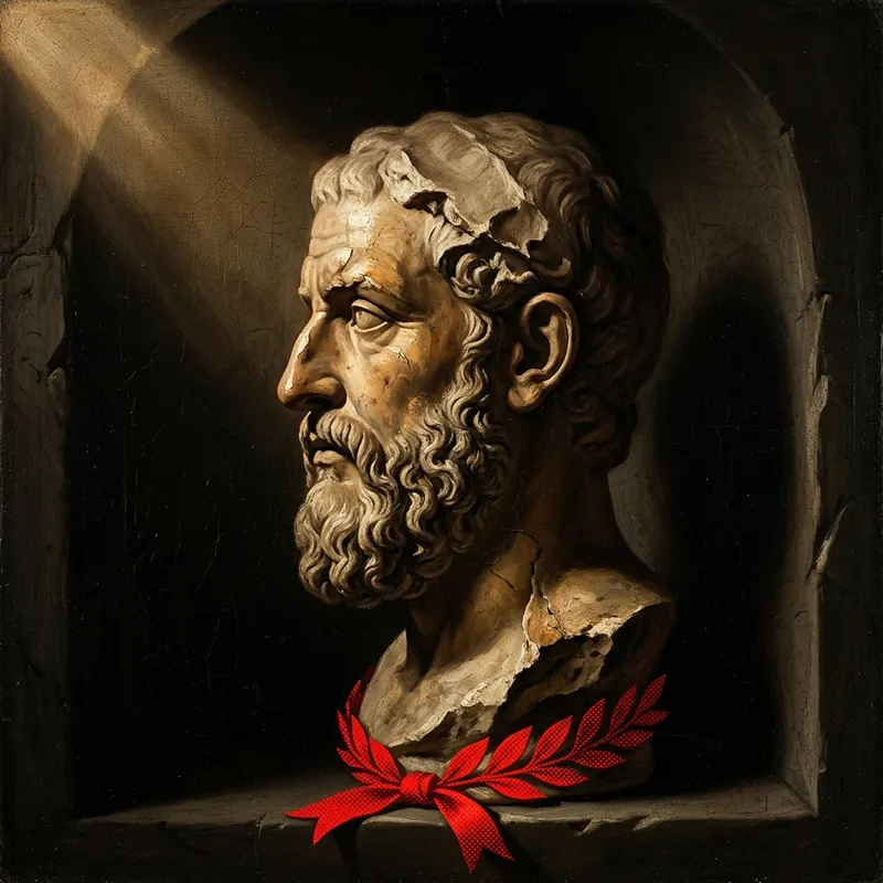 A marble bust of a bearded man in profile in a niche, a red laurel ribbon at its base