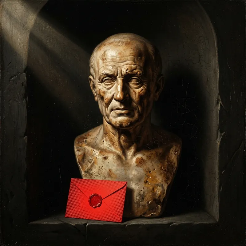 A marble bust of a balding man in a niche, a red sealed letter at its base