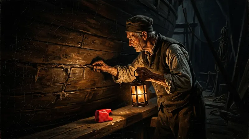 A shipbuilder inspecting a hull seam with a lantern, a small red object on the beam