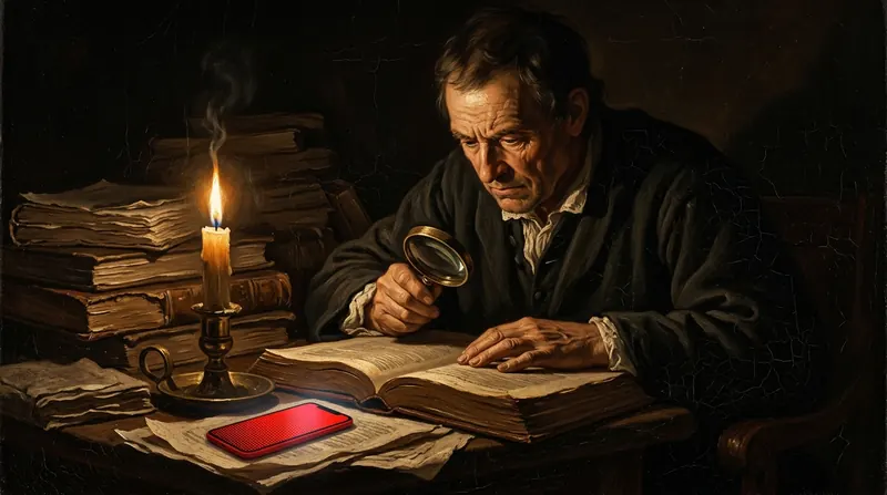 A man reading a book through a magnifying glass by candlelight, a red phone on the desk