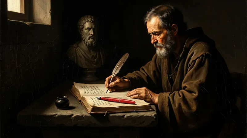 A bearded man writing with a quill in a book beside a marble bust, a red pen on the page