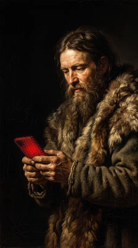 A bearded man in furs looking at a red handheld device